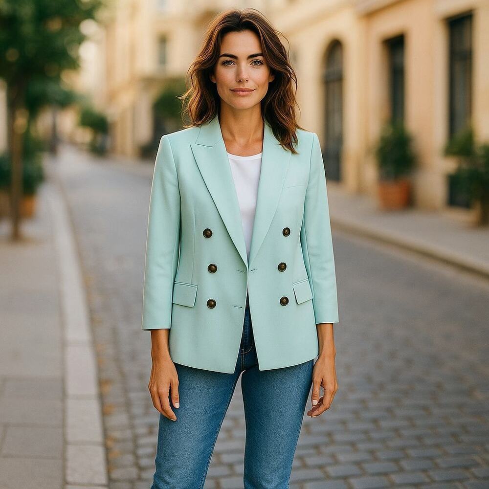 White House Black Market shoreline blue green blazer sz 12 petite